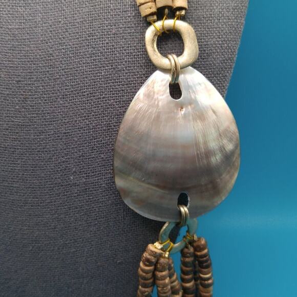 Chico's Natural Bead Long Necklace, Abalone Shell Side Pendant, Brown Beige, 43" - Picture 2 of 8